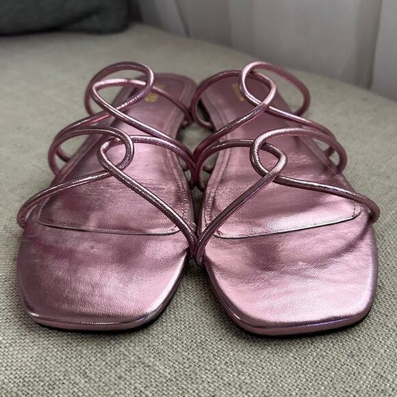 NEW Maeve Anthropologie Shiny Pink Strappy Slip On Sandals Leather Square Toe 8 - Picture 4 of 10